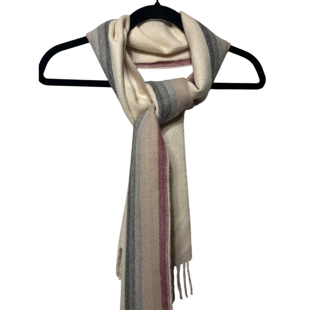 Tumi Scarf Cream Herringbone Stripe Fringed Winter Wrap Scarf 12.5" Wie 64" Long